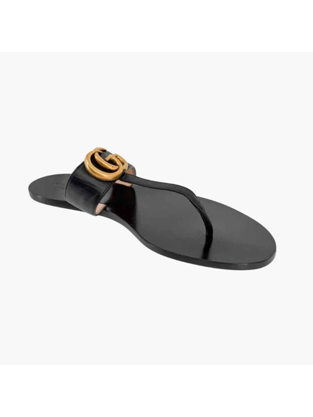 Gucci GG Marmont Thong Sandals Black Leather Size 40 US 10 Women's Flat Slides